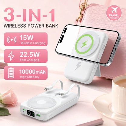 White 10000mAh Magnetic Wireless Power Bank With 15W Wireless And 22.5W Fast Charging, Featuring An LED Power Readout, Slim White Shell And Rear Stand For Hands-Free Viewing, Made For IPhone 16 Throug