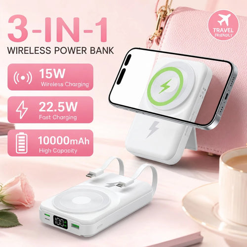 White 10000mAh Magnetic Wireless Power Bank With 15W Wireless And 22.5W Fast Charging, Featuring An LED Power Readout, Slim White Shell And Rear Stand For Hands-Free Viewing, Made For IPhone 16 Throug