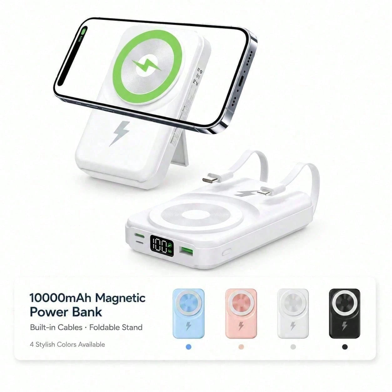 White 10000mAh Magnetic Wireless Power Bank With 15W Wireless And 22.5W Fast Charging, Featuring An LED Power Readout, Slim White Shell And Rear Stand For Hands-Free Viewing, Made For IPhone 16 Throug
