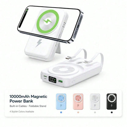 White 10000mAh Magnetic Wireless Power Bank With 15W Wireless And 22.5W Fast Charging, Featuring An LED Power Readout, Slim White Shell And Rear Stand For Hands-Free Viewing, Made For IPhone 16 Throug