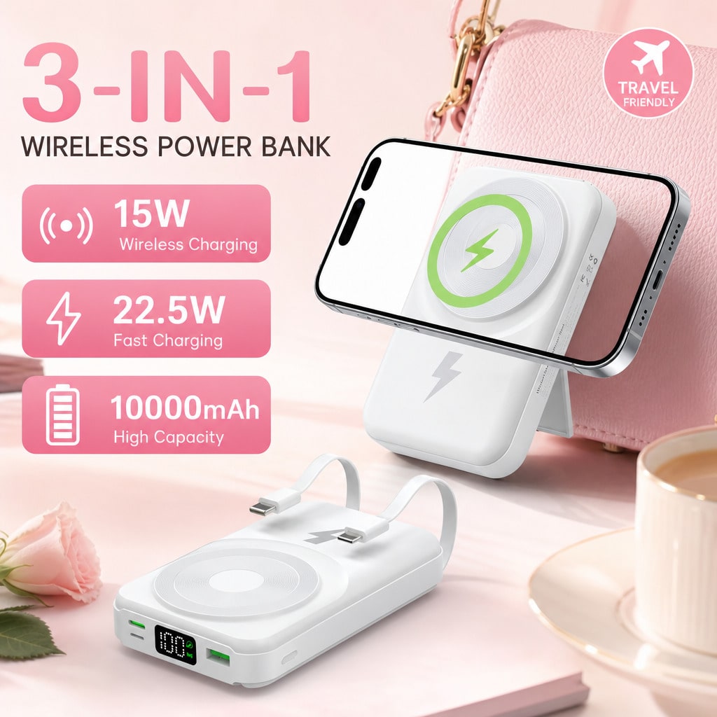 White 10000mAh Magnetic Wireless Power Bank With 15W Wireless And 22.5W Fast Charging, Featuring An LED Power Readout, Slim White Shell And Rear Stand For Hands-Free Viewing, Made For IPhone 16 Throug