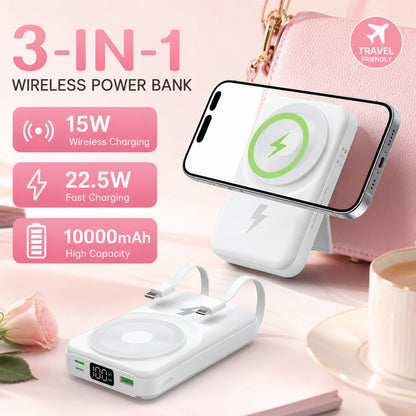 White 10000mAh Magnetic Wireless Power Bank With 15W Wireless And 22.5W Fast Charging, Featuring An LED Power Readout, Slim White Shell And Rear Stand For Hands-Free Viewing, Made For IPhone 16 Throug