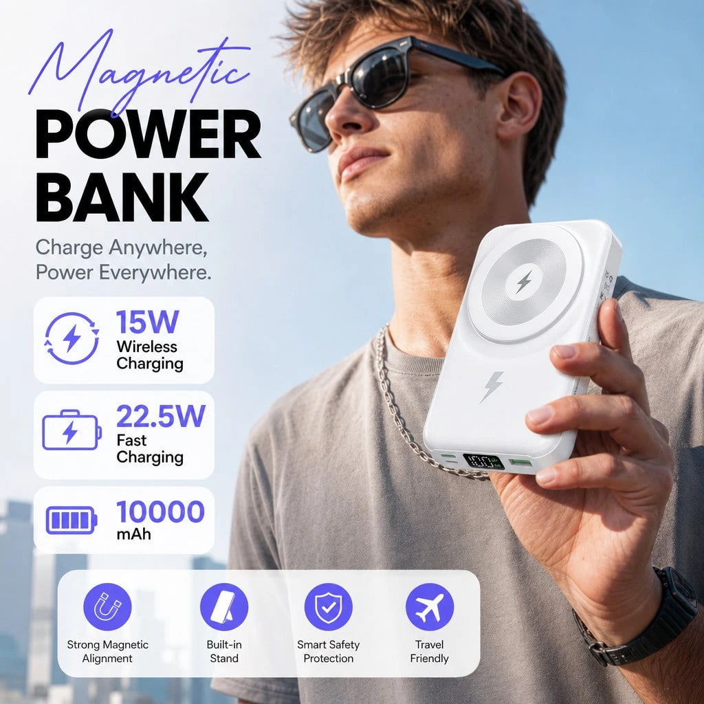 White 10000mAh Wireless Portable Charger With Magnetic Alignment And 22.5W Fast Charge, Featuring A Digital Battery Level Display, White Rectangular Body And Practical Kickstand, Suited To Compatible