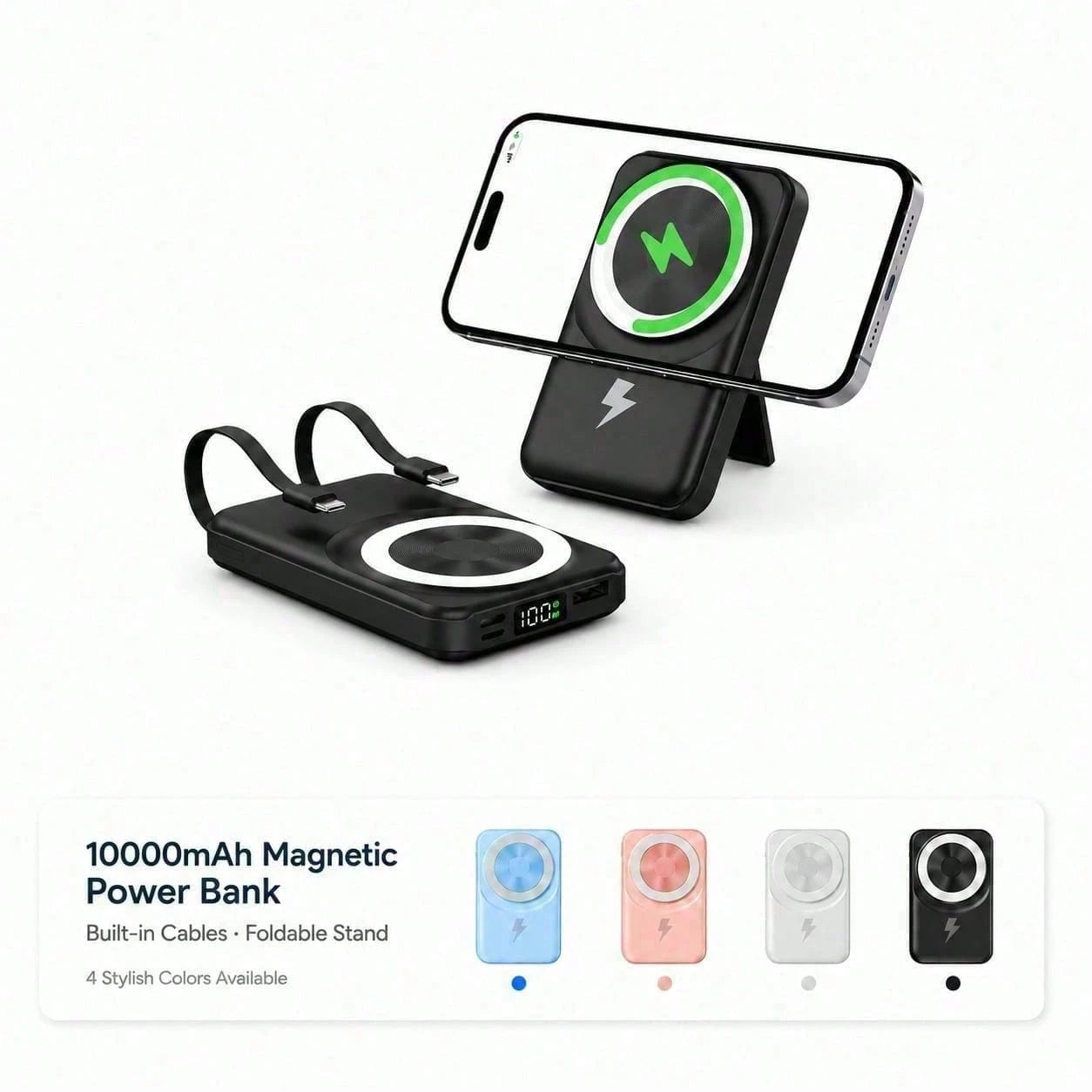 White 10000mAh Wireless Portable Charger With Magnetic Alignment And 22.5W Fast Charge, Featuring A Digital Battery Level Display, White Rectangular Body And Practical Kickstand, Suited To Compatible