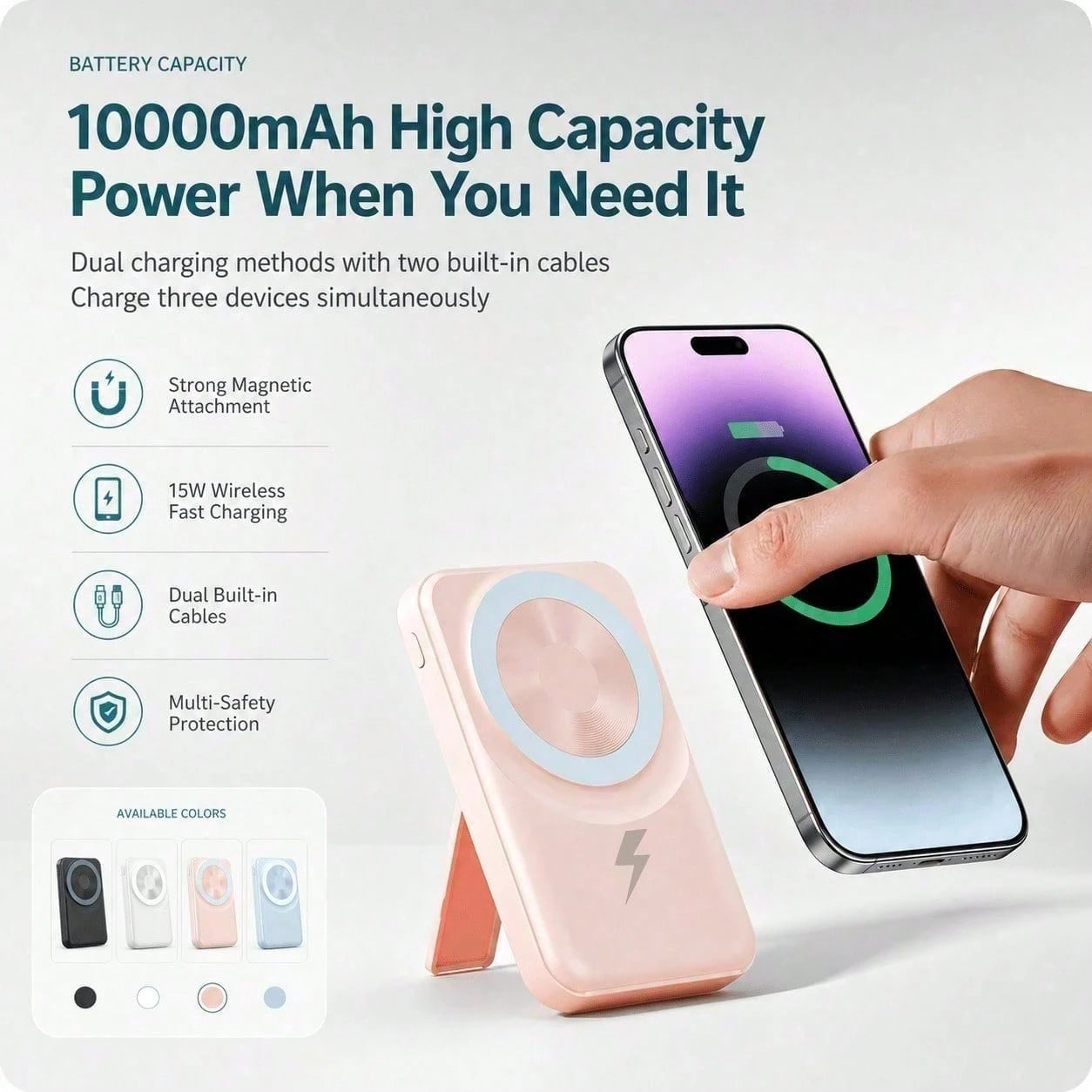 White 10000mAh Wireless Portable Charger With Magnetic Alignment And 22.5W Fast Charge, Featuring A Digital Battery Level Display, White Rectangular Body And Practical Kickstand, Suited To Compatible