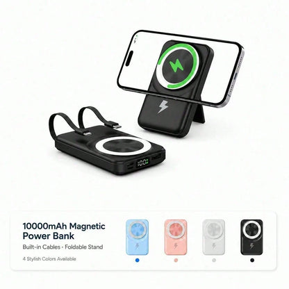 White And Green 10000mAh Magnetic Phone Charger With 15W Wireless And 22.5W Fast Charging, Featuring A Bright Battery Percentage Display, Smooth White Finish And Folding Kickstand, Made For Compatible