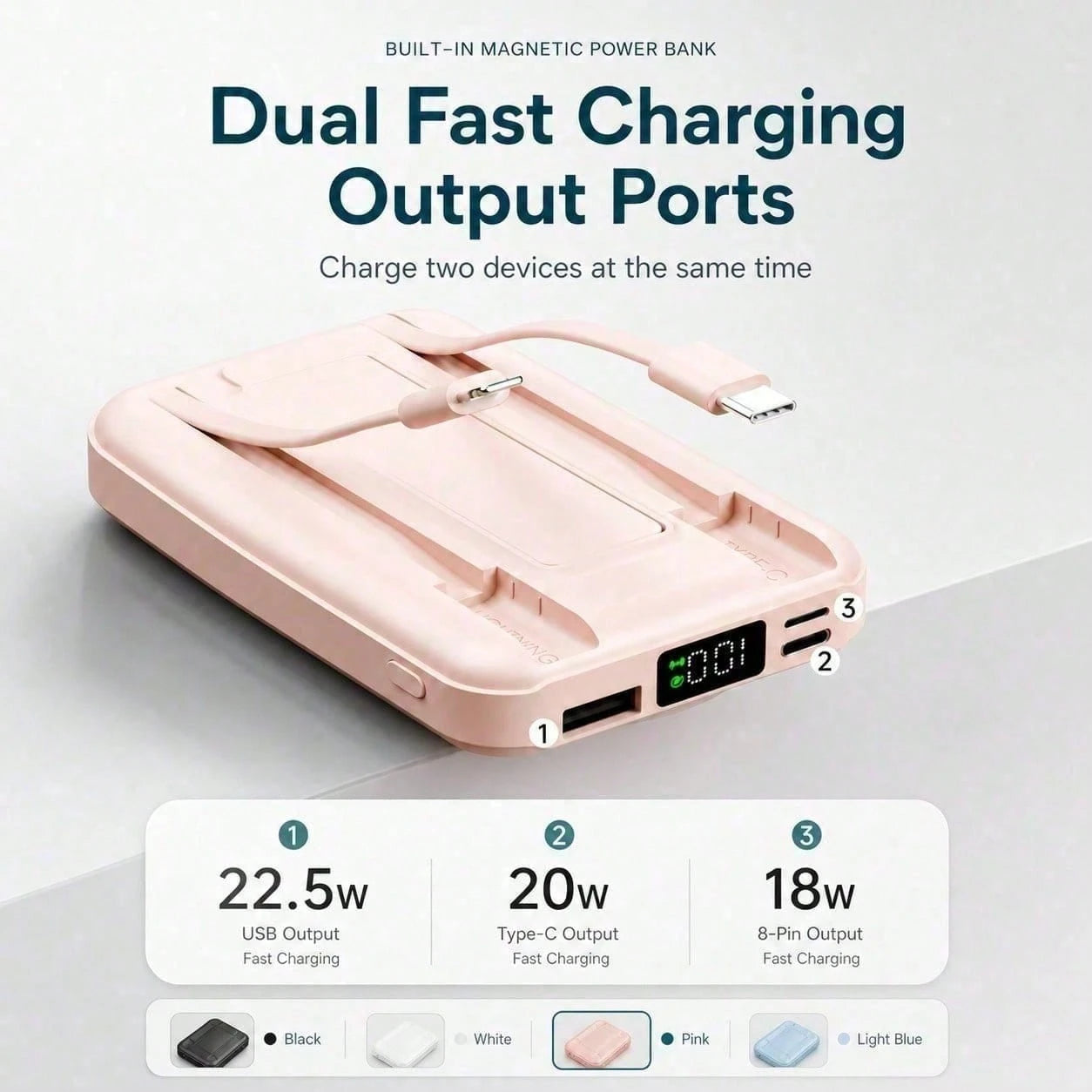 White And Green 10000mAh Magnetic Phone Charger With 15W Wireless And 22.5W Fast Charging, Featuring A Bright Battery Percentage Display, Smooth White Finish And Folding Kickstand, Made For Compatible