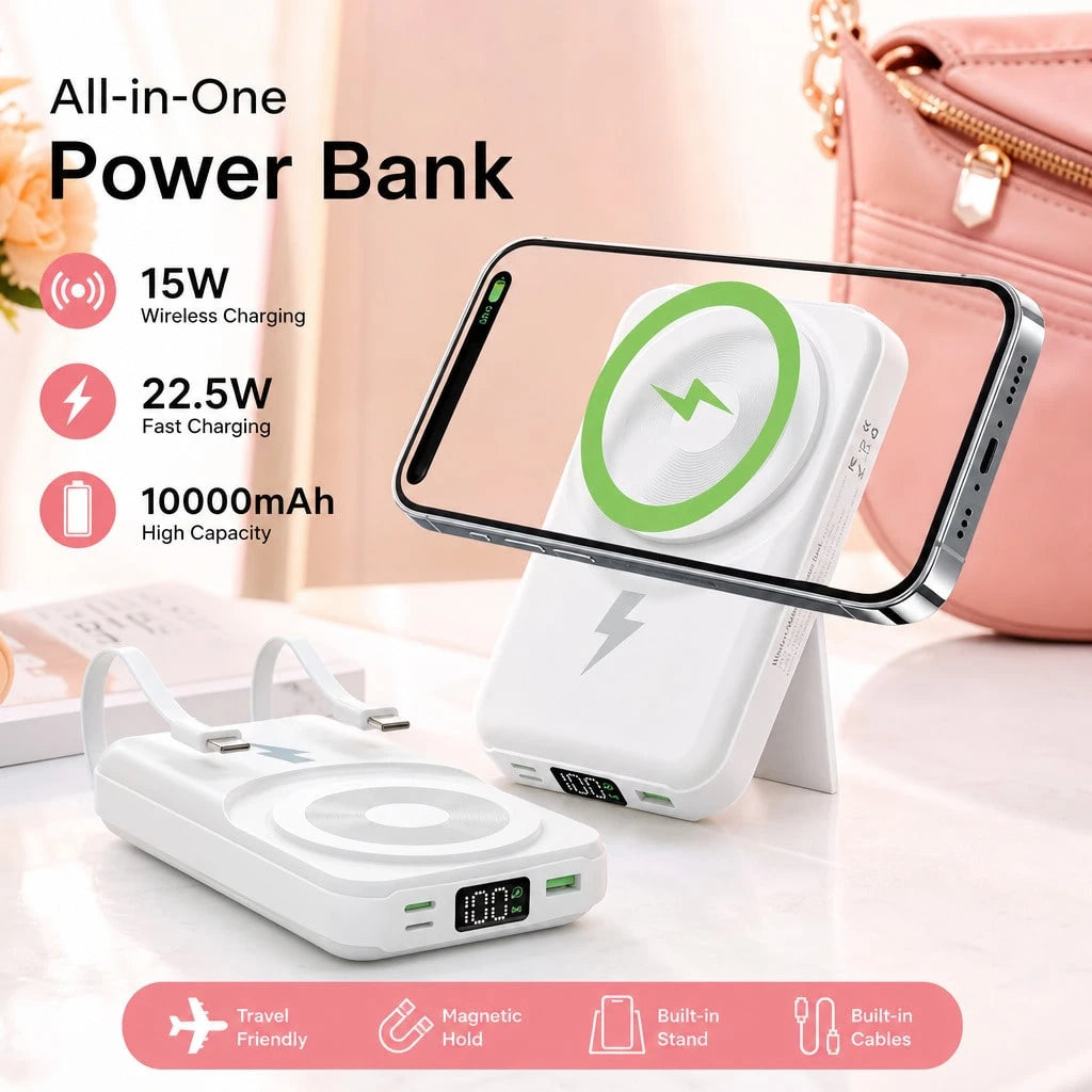 White And Green 10000mAh Magnetic Portable Charger With 15W Wireless And 22.5W Fast Charging, With Visible Percentage Readout, Raised Green Alignment Circle And Fold-Out Phone Stand, Designed For IPho