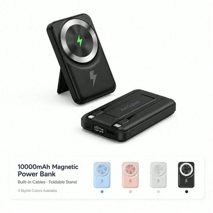 White And Green 10000mAh Magnetic Portable Charger With 15W Wireless And 22.5W Fast Charging, With Visible Percentage Readout, Raised Green Alignment Circle And Fold-Out Phone Stand, Designed For IPho