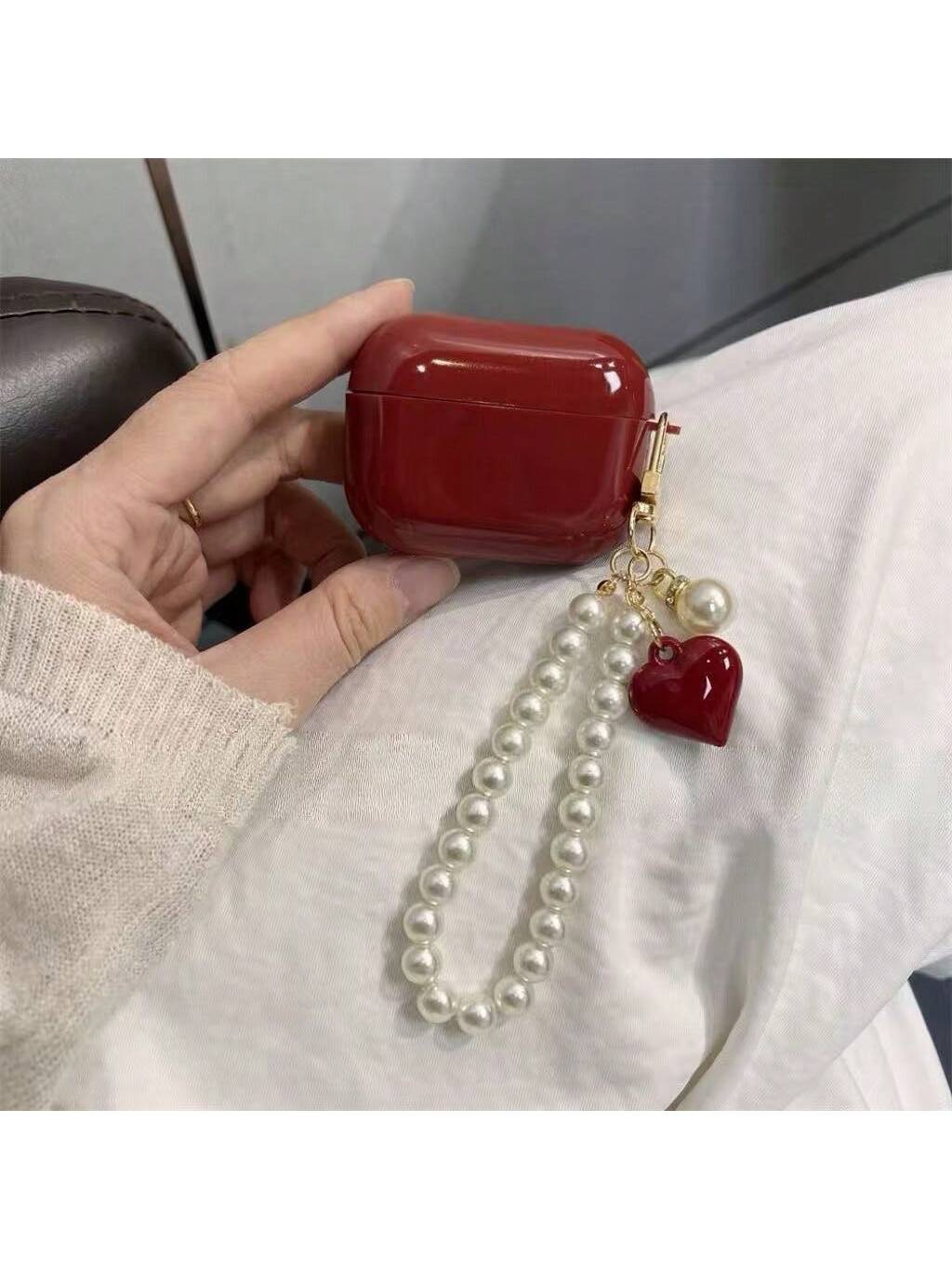 White Black Pearl Elements Wine Red Faux Pearl Floral Hanging Chain 1pc Earphone Case Compatible With Iphone Earphones, Protective Cover For 1st/2nd Gen Earphones, New Wireless Earphone Case For Pro3