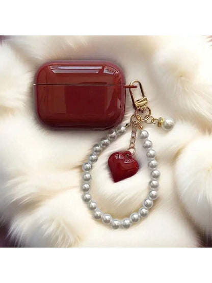 White Black Pearl Elements Wine Red Faux Pearl Floral Hanging Chain 1pc Earphone Case Compatible With Iphone Earphones, Protective Cover For 1st/2nd Gen Earphones, New Wireless Earphone Case For Pro3