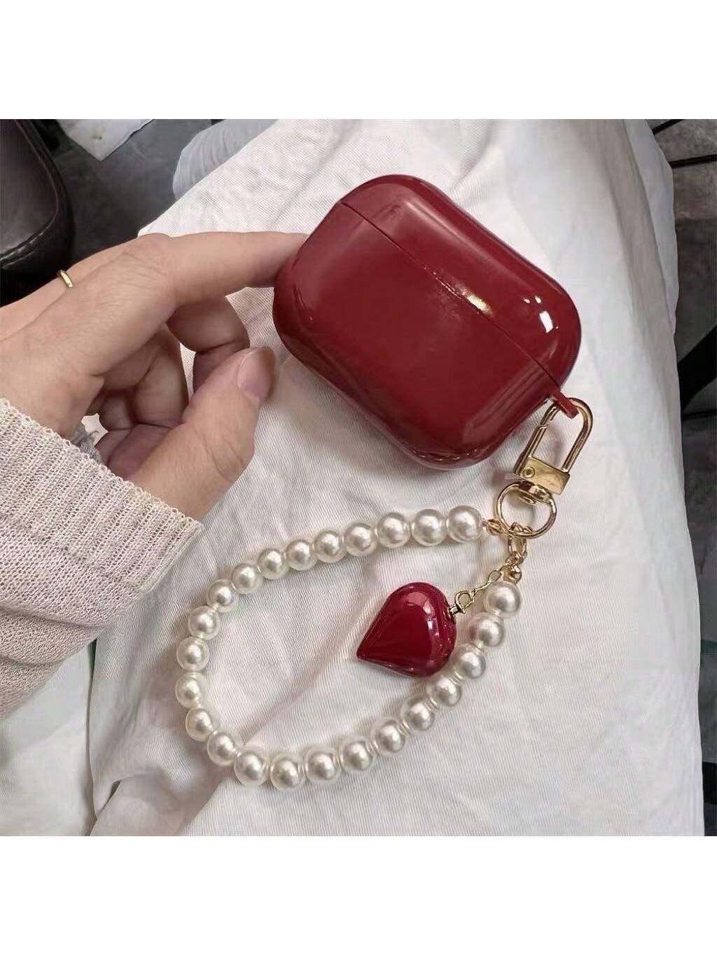 White Black Pearl Elements Wine Red Faux Pearl Floral Hanging Chain 1pc Earphone Case Compatible With Iphone Earphones, Protective Cover For 1st/2nd Gen Earphones, New Wireless Earphone Case For Pro3