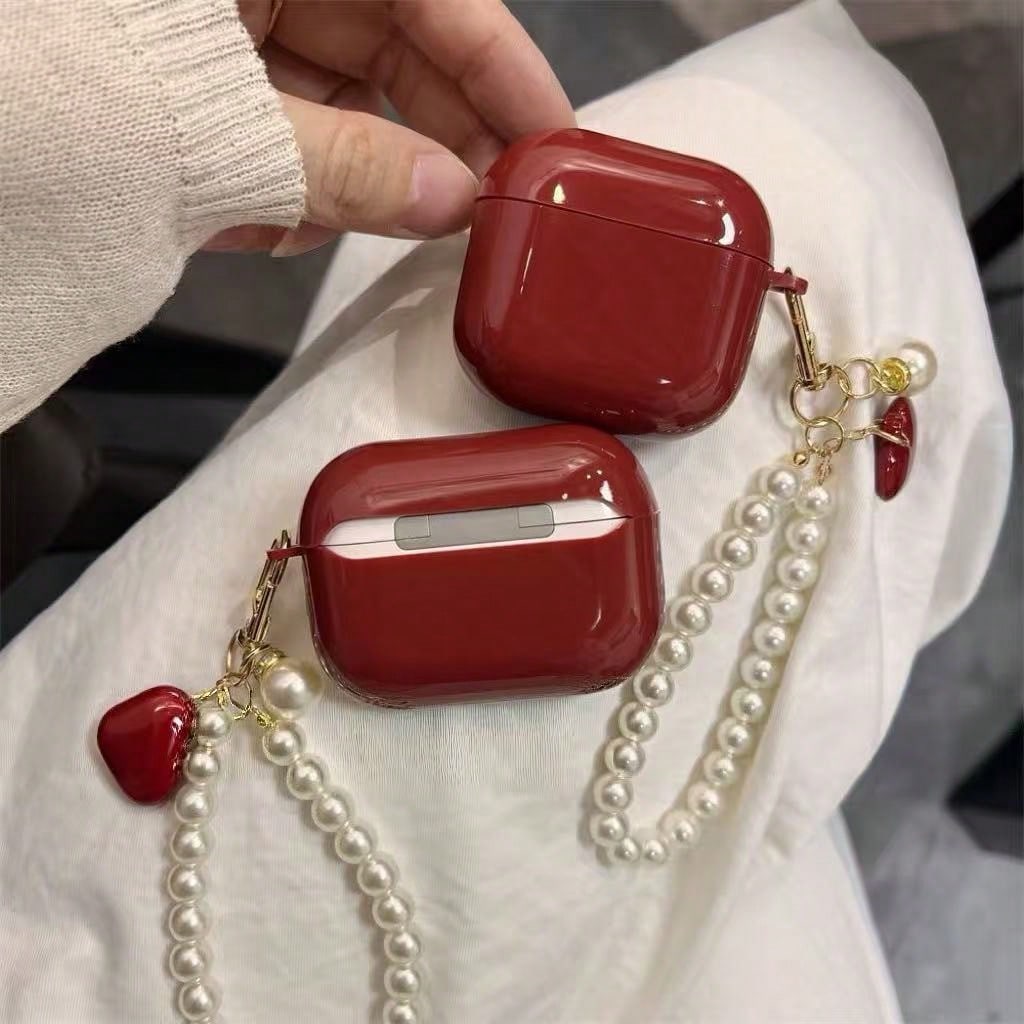 White Black Pearl Elements Wine Red Faux Pearl Floral Hanging Chain 1pc Earphone Case Compatible With Iphone Earphones, Protective Cover For 1st/2nd Gen Earphones, New Wireless Earphone Case For Pro3