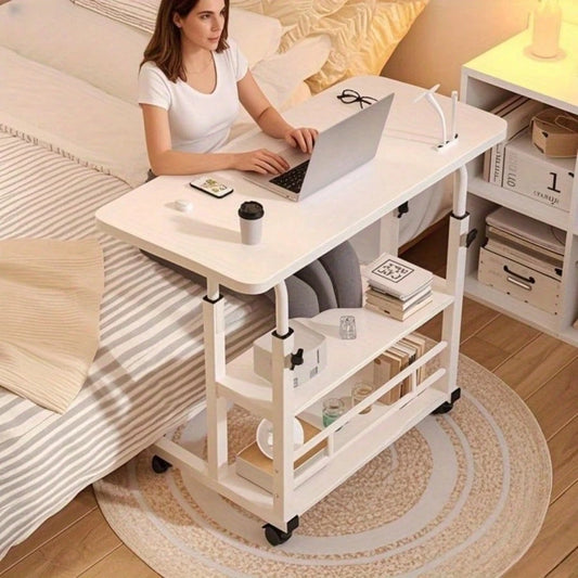 White/Multifunctional Desk On Wheels- Height-Adjustable Rolling Desk With Storage Shelves, Space-Saving Wood And Metal Frame, Compact Fiberboard Desktop For Home Office, Bedroom, Living Room, Sofa, S