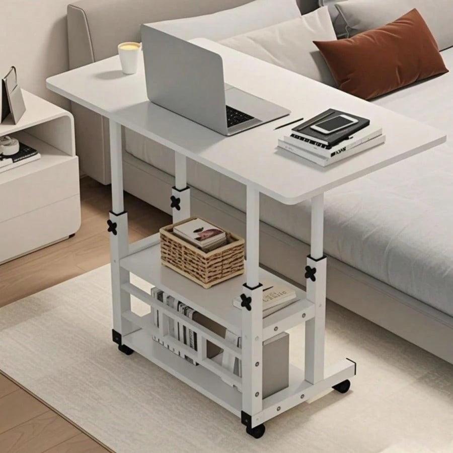 White/Multifunctional Desk On Wheels- Height-Adjustable Rolling Desk With Storage Shelves, Space-Saving Wood And Metal Frame, Compact Fiberboard Desktop For Home Office, Bedroom, Living Room, Sofa, S