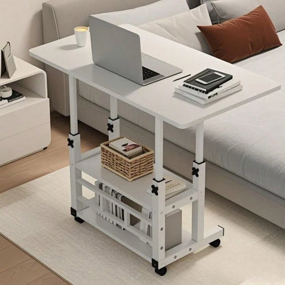 White/Multifunctional Desk On Wheels- Height-Adjustable Rolling Desk With Storage Shelves, Space-Saving Wood And Metal Frame, Compact Fiberboard Desktop For Home Office, Bedroom, Living Room, Sofa, S