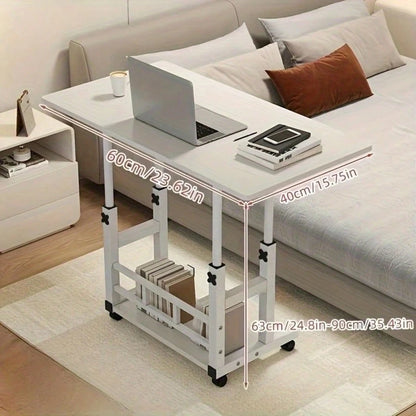 White/Multifunctional Desk On Wheels- Height-Adjustable Rolling Desk With Storage Shelves, Space-Saving Wood And Metal Frame, Compact Fiberboard Desktop For Home Office, Bedroom, Living Room, Sofa, S
