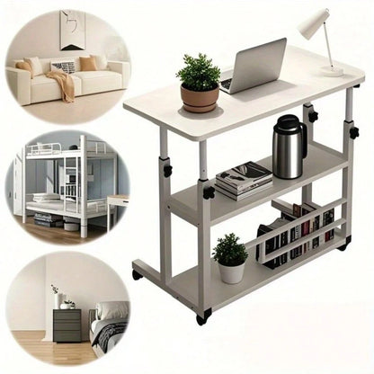 White/Multifunctional Desk On Wheels- Height-Adjustable Rolling Desk With Storage Shelves, Space-Saving Wood And Metal Frame, Compact Fiberboard Desktop For Home Office, Bedroom, Living Room, Sofa, S