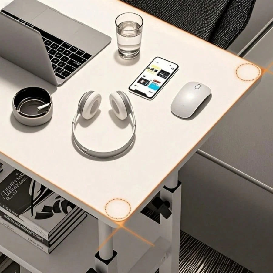 White/Multifunctional Desk On Wheels- Height-Adjustable Rolling Desk With Storage Shelves, Space-Saving Wood And Metal Frame, Compact Fiberboard Desktop For Home Office, Bedroom, Living Room, Sofa, S