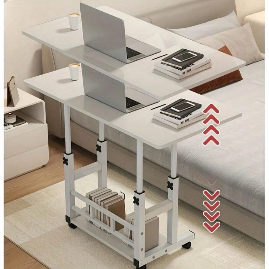 White/Multifunctional Desk On Wheels- Height-Adjustable Rolling Desk With Storage Shelves, Space-Saving Wood And Metal Frame, Compact Fiberboard Desktop For Home Office, Bedroom, Living Room, Sofa, S