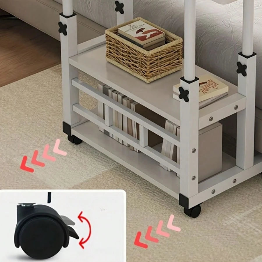 White/Multifunctional Desk On Wheels- Height-Adjustable Rolling Desk With Storage Shelves, Space-Saving Wood And Metal Frame, Compact Fiberboard Desktop For Home Office, Bedroom, Living Room, Sofa, S