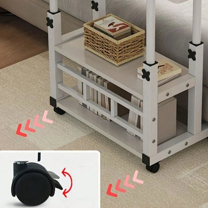 White/Multifunctional Desk On Wheels- Height-Adjustable Rolling Desk With Storage Shelves, Space-Saving Wood And Metal Frame, Compact Fiberboard Desktop For Home Office, Bedroom, Living Room, Sofa, S