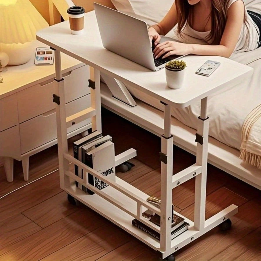 White/Multifunctional Desk On Wheels- Height-Adjustable Rolling Desk With Storage Shelves, Space-Saving Wood And Metal Frame, Compact Fiberboard Desktop For Home Office, Bedroom, Living Room, Sofa, S