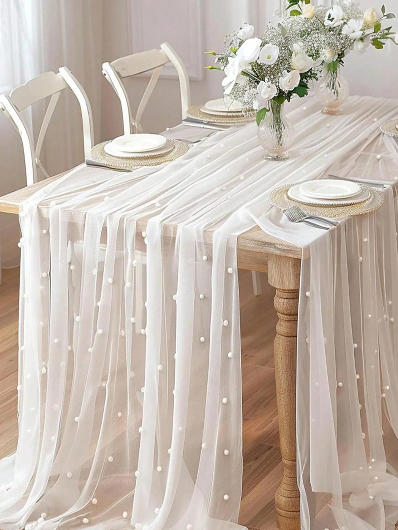 White Pearl Gauze Tablecloth Bohemian Country Style Cheesecloth Table Runner For Baby Shower Wedding Party Home Decor