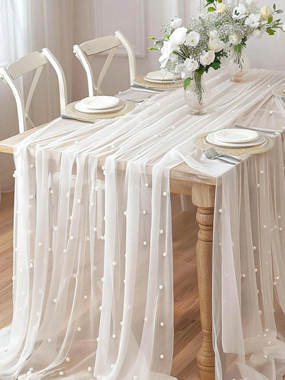 White Pearl Gauze Tablecloth Bohemian Country Style Cheesecloth Table Runner For Baby Shower Wedding Party Home Decor