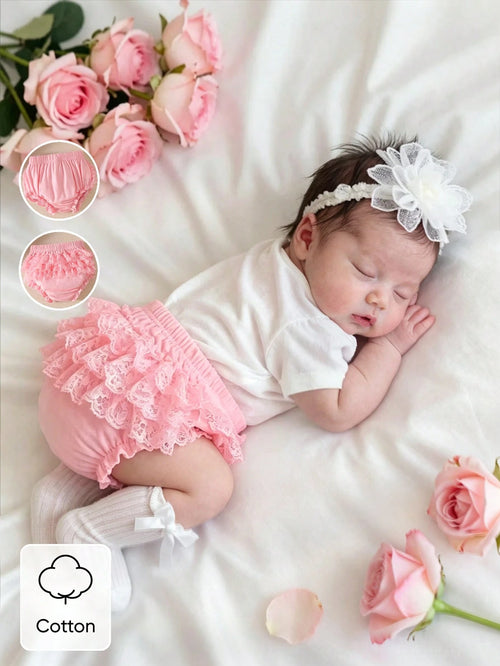 White Triangle Comfortable Lace Shorts For Newborn Girls, High Elastic Waist Design, Simple Front, Multi-Layer White Lace Back, Suitable For Dresses, Princess Skirts Or Various Tops, 0-9 Months
