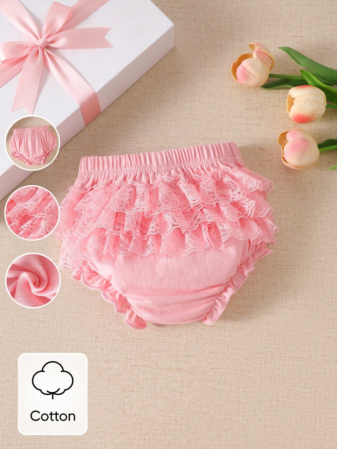 White Triangle Comfortable Lace Shorts For Newborn Girls, High Elastic Waist Design, Simple Front, Multi-Layer White Lace Back, Suitable For Dresses, Princess Skirts Or Various Tops, 0-9 Months