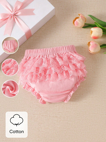 White Triangle Comfortable Lace Shorts For Newborn Girls, High Elastic Waist Design, Simple Front, Multi-Layer White Lace Back, Suitable For Dresses, Princess Skirts Or Various Tops, 0-9 Months
