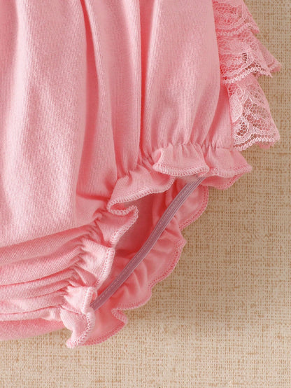 White Triangle Comfortable Lace Shorts For Newborn Girls, High Elastic Waist Design, Simple Front, Multi-Layer White Lace Back, Suitable For Dresses, Princess Skirts Or Various Tops, 0-9 Months