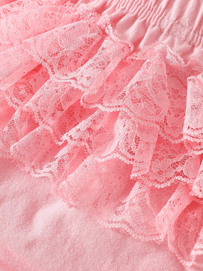 White Triangle Comfortable Lace Shorts For Newborn Girls, High Elastic Waist Design, Simple Front, Multi-Layer White Lace Back, Suitable For Dresses, Princess Skirts Or Various Tops, 0-9 Months
