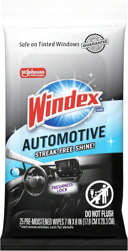 Windex Auto Wipes For Car Windows, Mirrors And Screens, Pre-Moistened Car Cleaner Wipes For Quick Streak-Free Shine, Guaranteed For Tinted Windows And Electronics, 25 Count (Pack Of 1)