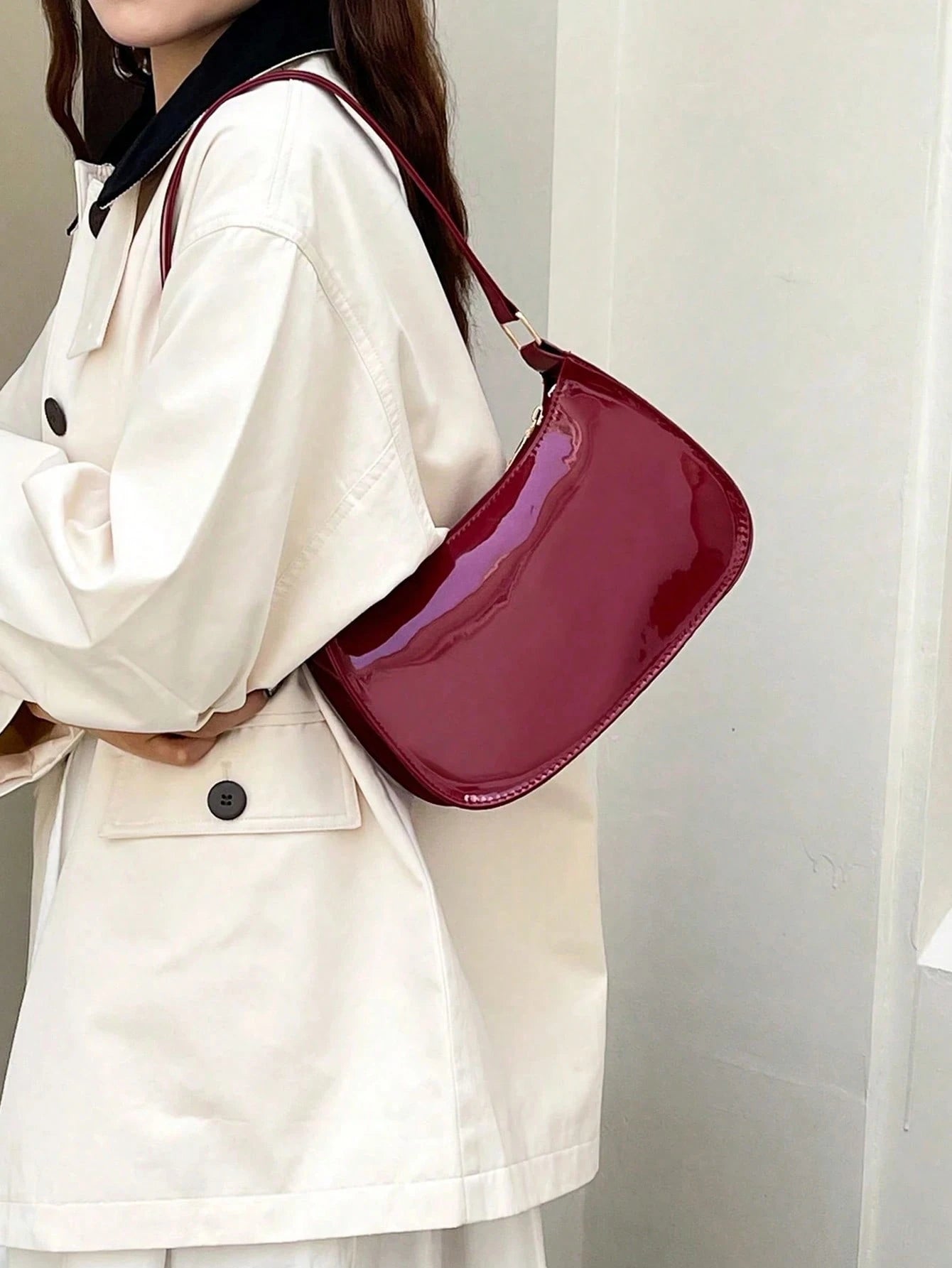 Wine Red Glossy Patent Crescent Hobo Purse For Women, Adjustable Strap Underarm Shoulder Tote Bag,Vintage Ladies Bags For Beach Work Date Daily Casual