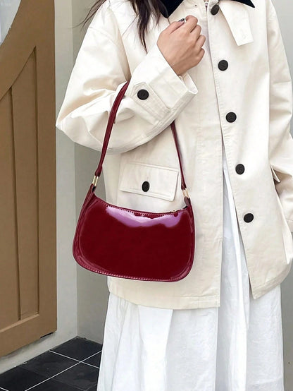 Wine Red Glossy Patent Crescent Hobo Purse For Women, Adjustable Strap Underarm Shoulder Tote Bag,Vintage Ladies Bags For Beach Work Date Daily Casual