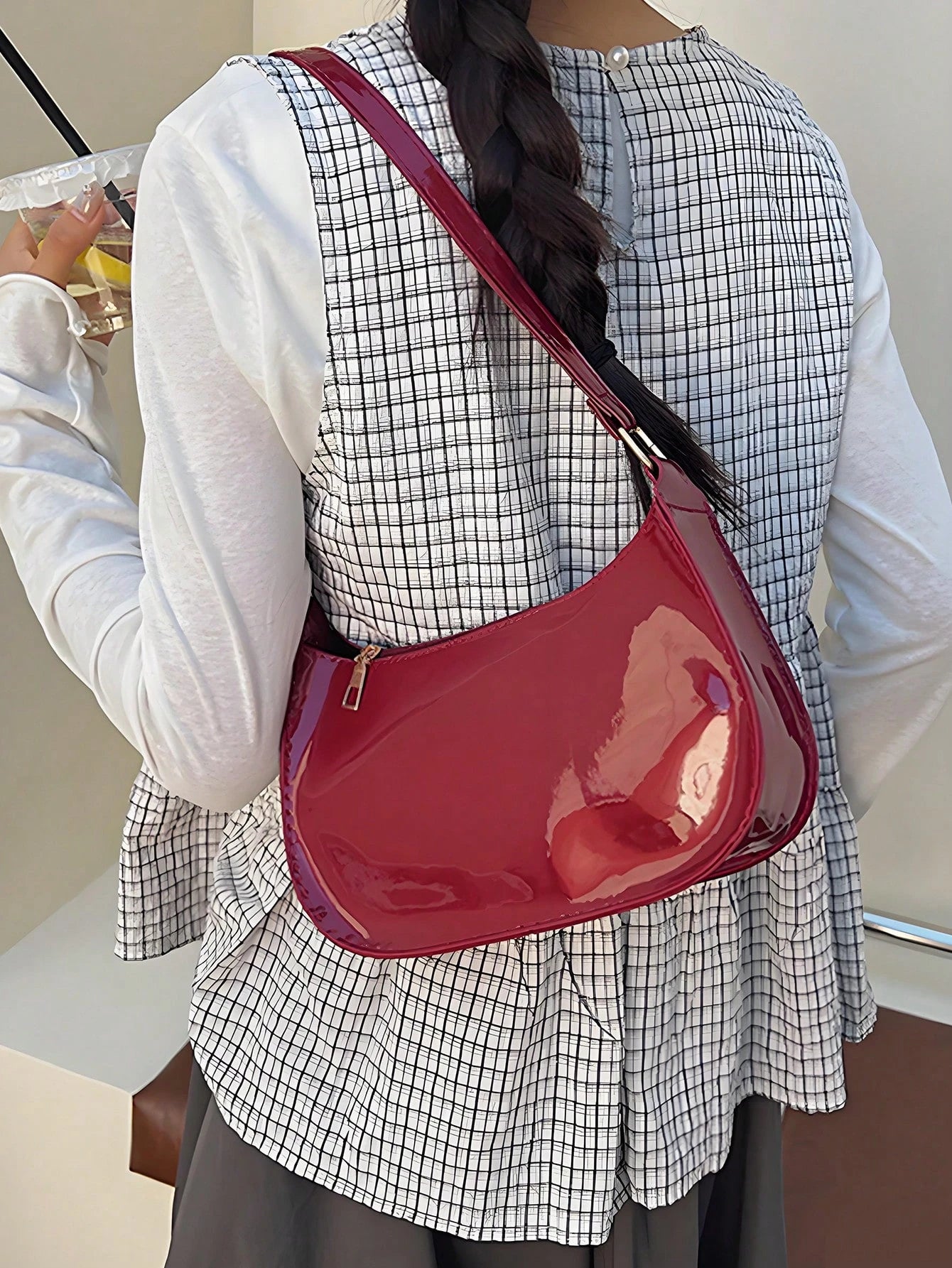 Wine Red Glossy Patent Crescent Hobo Purse For Women, Adjustable Strap Underarm Shoulder Tote Bag,Vintage Ladies Bags For Beach Work Date Daily Casual