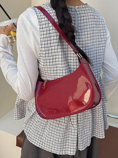 Wine Red Glossy Patent Crescent Hobo Purse For Women, Adjustable Strap Underarm Shoulder Tote Bag,Vintage Ladies Bags For Beach Work Date Daily Casual