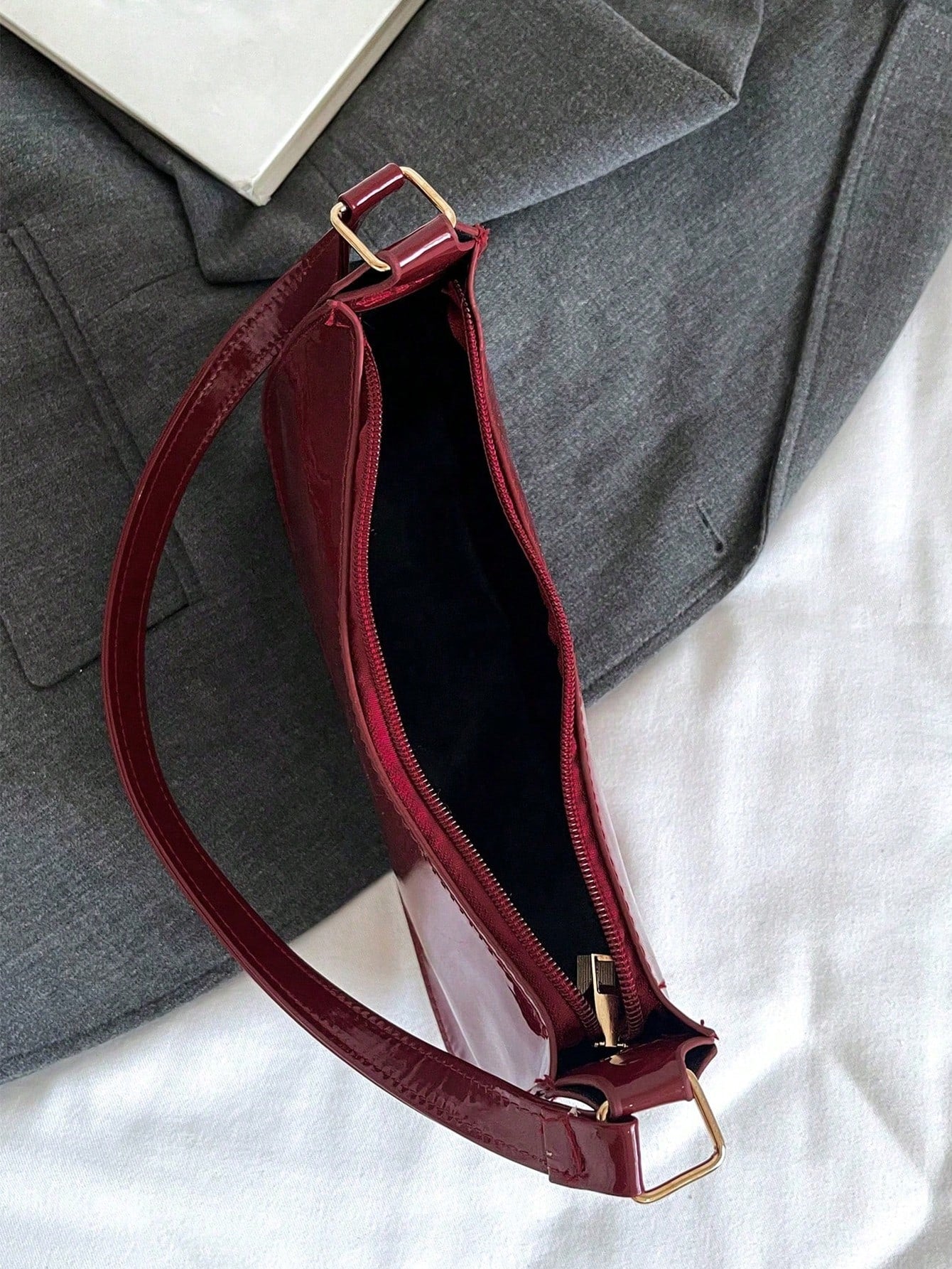 Wine Red Glossy Patent Crescent Hobo Purse For Women, Adjustable Strap Underarm Shoulder Tote Bag,Vintage Ladies Bags For Beach Work Date Daily Casual