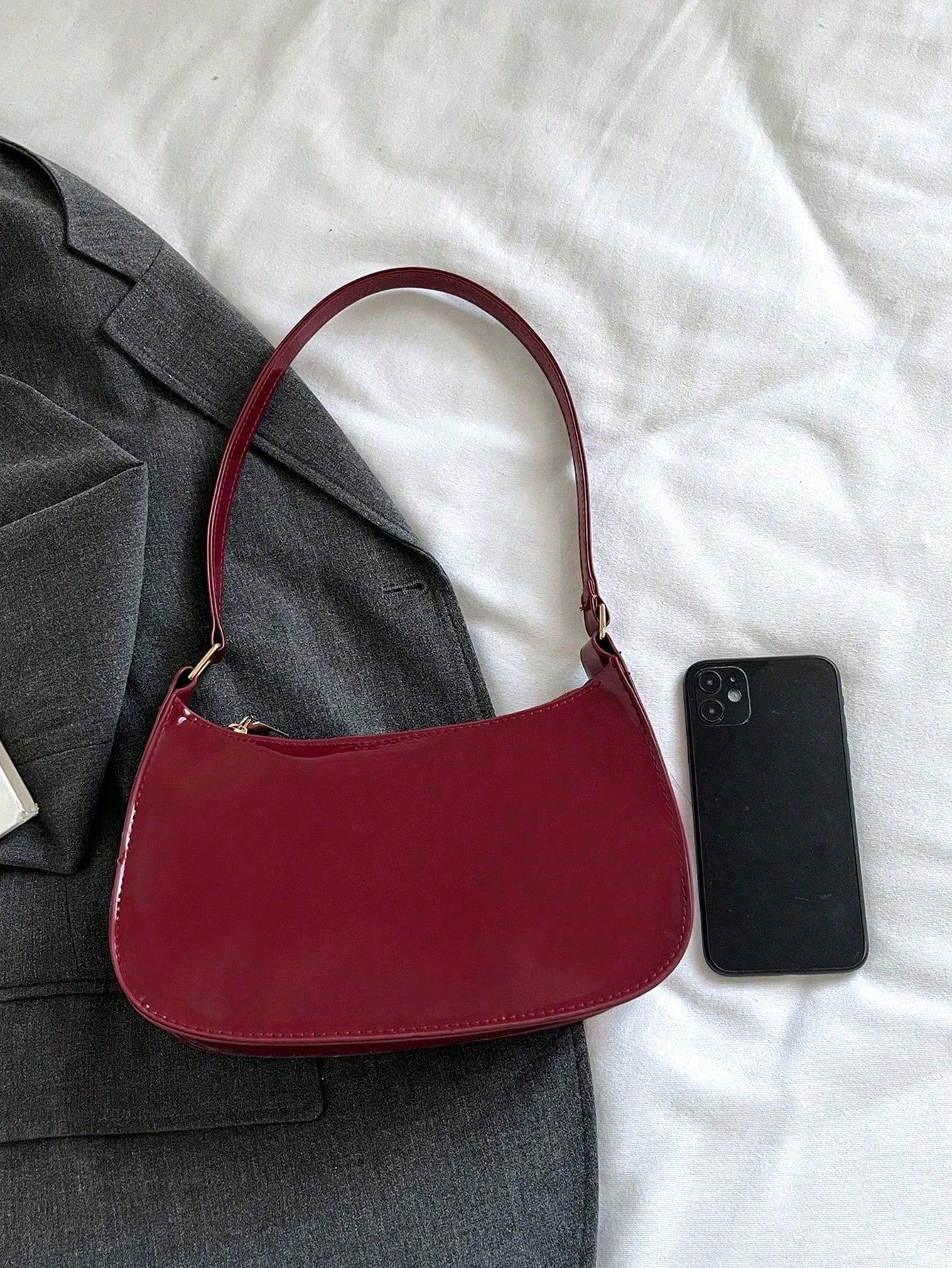 Wine Red Glossy Patent Crescent Hobo Purse For Women, Adjustable Strap Underarm Shoulder Tote Bag,Vintage Ladies Bags For Beach Work Date Daily Casual