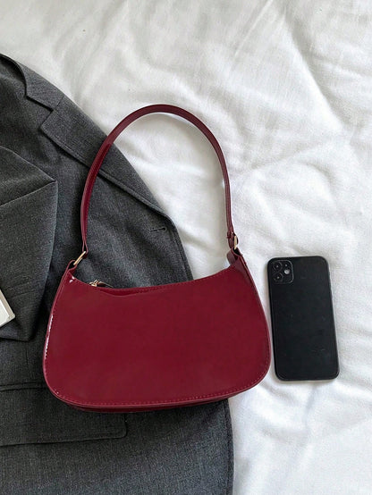 Wine Red Glossy Patent Crescent Hobo Purse For Women, Adjustable Strap Underarm Shoulder Tote Bag,Vintage Ladies Bags For Beach Work Date Daily Casual
