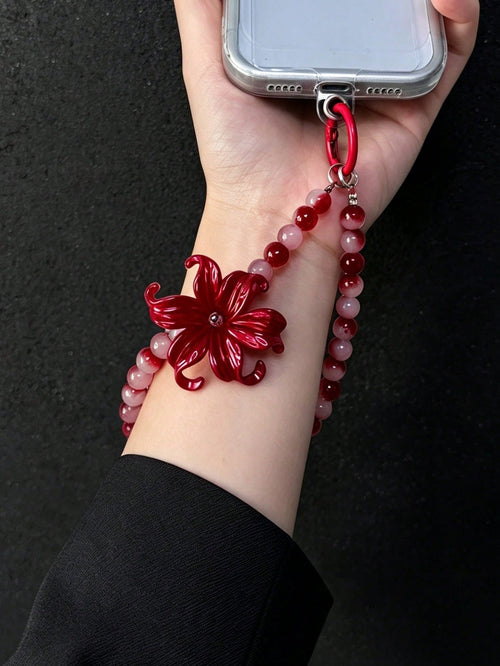 Wine Red Spider Lily Gradient Red Agate Round Bead Phone Wrist Strap, Chinese Style Red And White Tie Dye Jade Stone Beaded Lanyard, Red Spring Buckle Dual-Use Key Bag Charm, Vintage Cool New Chinese
