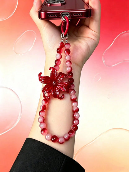 Wine Red Spider Lily Gradient Red Agate Round Bead Phone Wrist Strap, Chinese Style Red And White Tie Dye Jade Stone Beaded Lanyard, Red Spring Buckle Dual-Use Key Bag Charm, Vintage Cool New Chinese