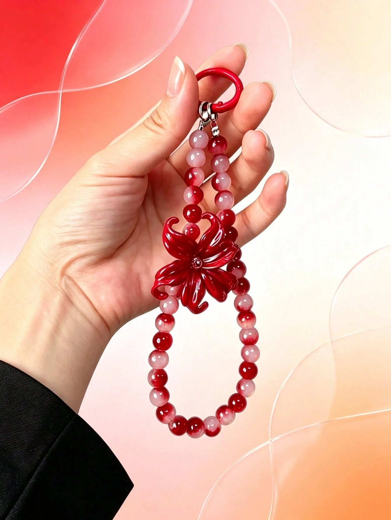 Wine Red Spider Lily Gradient Red Agate Round Bead Phone Wrist Strap, Chinese Style Red And White Tie Dye Jade Stone Beaded Lanyard, Red Spring Buckle Dual-Use Key Bag Charm, Vintage Cool New Chinese