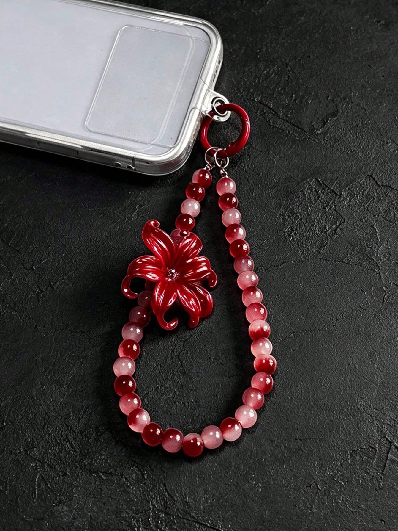 Wine Red Spider Lily Gradient Red Agate Round Bead Phone Wrist Strap, Chinese Style Red And White Tie Dye Jade Stone Beaded Lanyard, Red Spring Buckle Dual-Use Key Bag Charm, Vintage Cool New Chinese