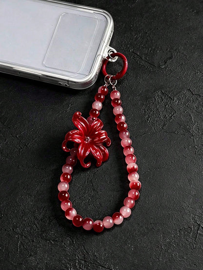 Wine Red Spider Lily Gradient Red Agate Round Bead Phone Wrist Strap, Chinese Style Red And White Tie Dye Jade Stone Beaded Lanyard, Red Spring Buckle Dual-Use Key Bag Charm, Vintage Cool New Chinese