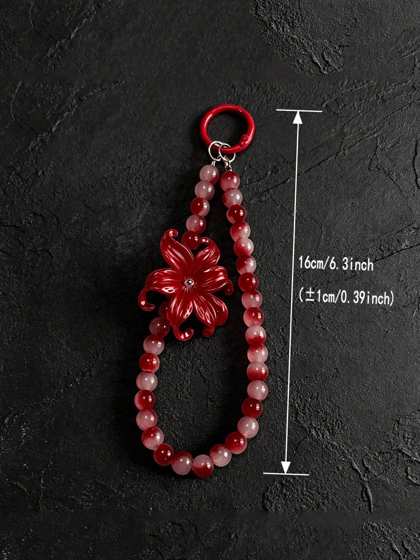 Wine Red Spider Lily Gradient Red Agate Round Bead Phone Wrist Strap, Chinese Style Red And White Tie Dye Jade Stone Beaded Lanyard, Red Spring Buckle Dual-Use Key Bag Charm, Vintage Cool New Chinese