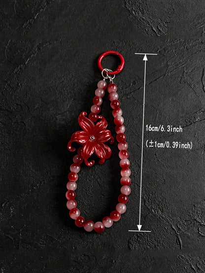 Wine Red Spider Lily Gradient Red Agate Round Bead Phone Wrist Strap, Chinese Style Red And White Tie Dye Jade Stone Beaded Lanyard, Red Spring Buckle Dual-Use Key Bag Charm, Vintage Cool New Chinese