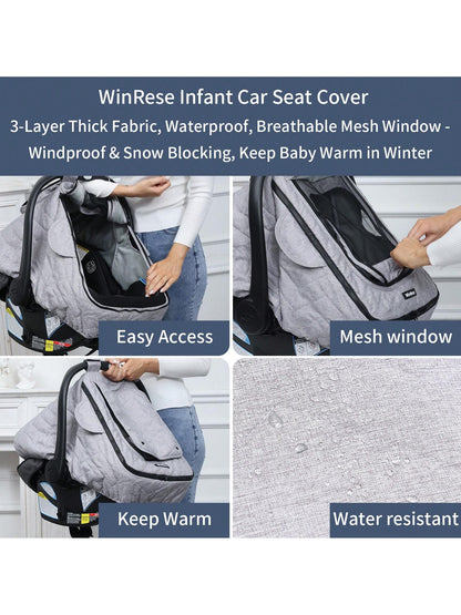 WinRese Baby Car Seat Cover- 3-Layer Thick Fabric, Waterproof, Breathable Mesh Window- Windproof & Snow Blocking, Keep Baby Warm In Winter- Universal Fit For Infant Car Seat And Carrier, Baby Boys